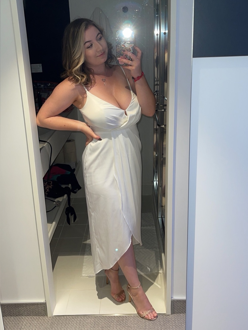Satin Spaghetti Strap Wrap-Front Midi Dress